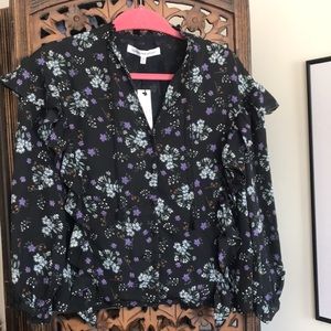 Long sleeve floral button down blouse with ruffles